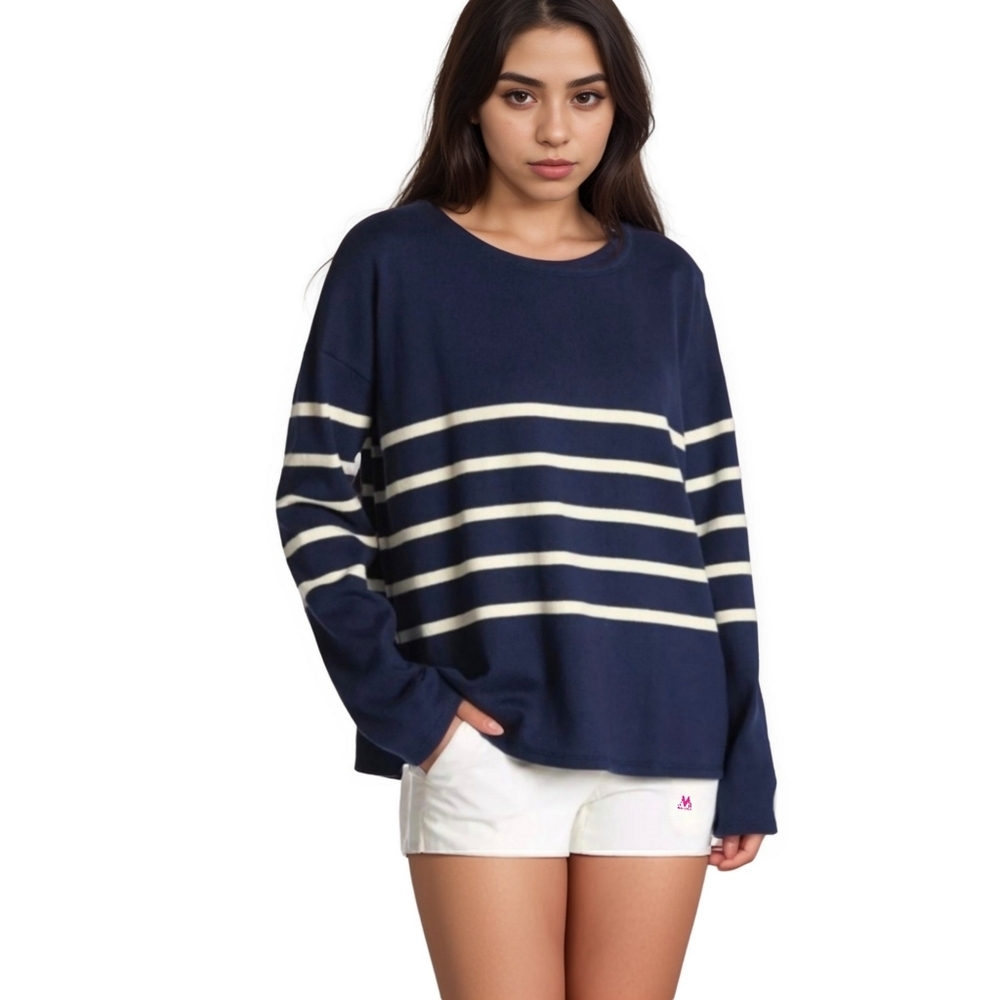 Eileen Fisher Navy and Cream Striped Crewneck Sweater